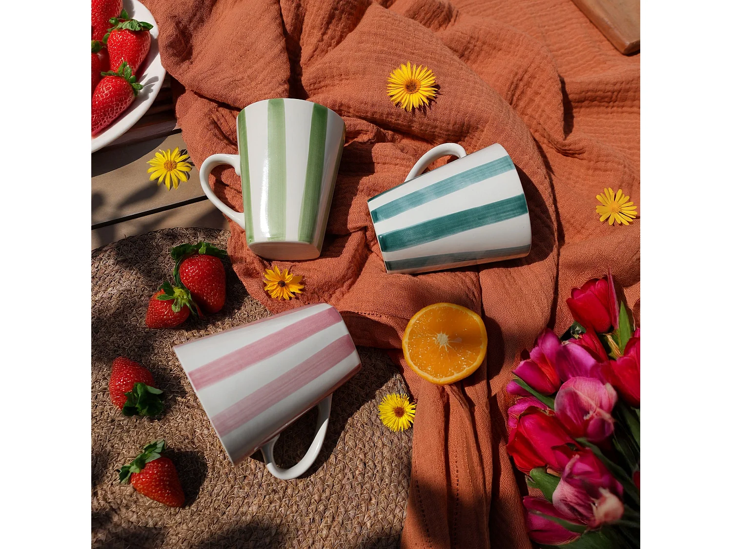 Novastyl - Lot 6 Mugs Arlequin 36cl En Grès Blanc Rayures Couleurs Assorties