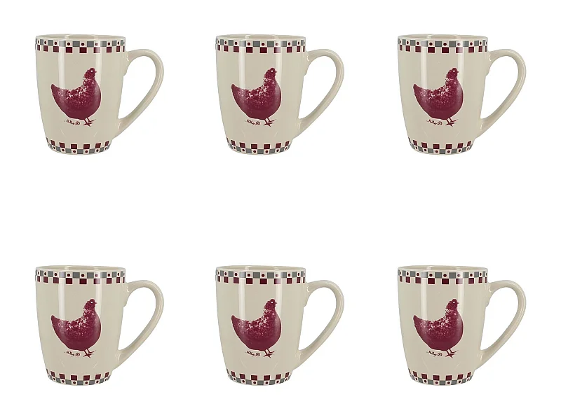 Novastyl - Lot 6 Mugs Gallina 38cl En Gres Gris Et Rouge