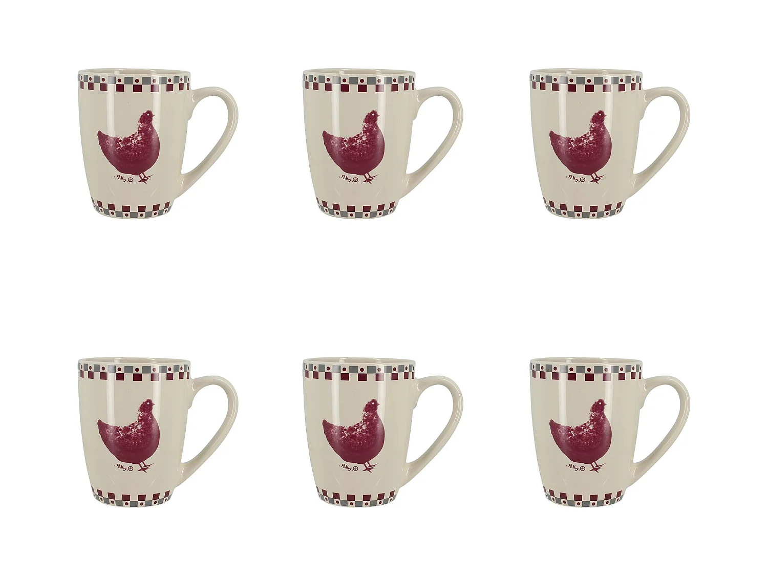 Novastyl - Lot 6 Mugs Gallina 38cl En Gres Gris Et Rouge