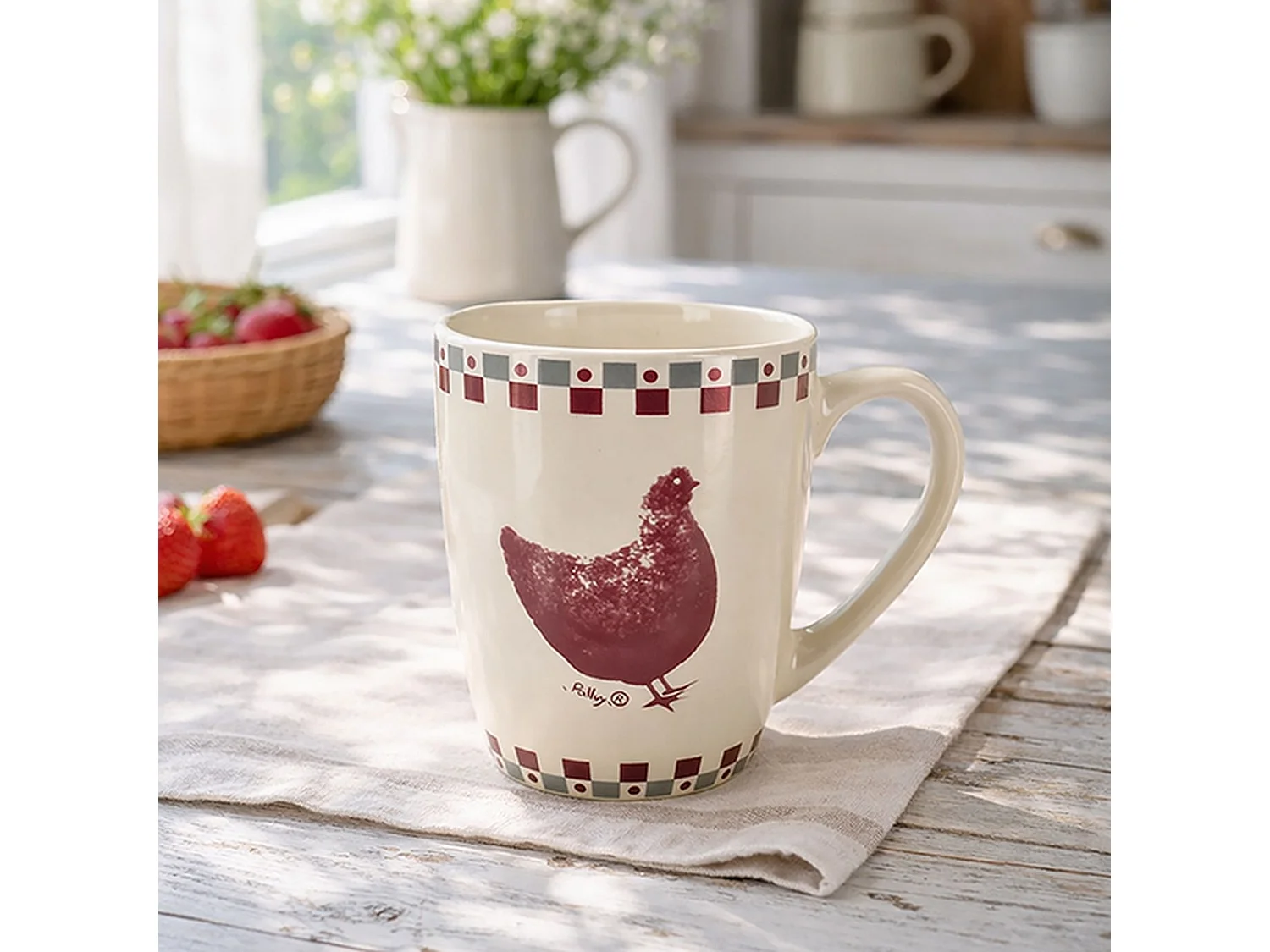Novastyl - Lot 6 Mugs Gallina 38cl En Grès Gris Et Rouge