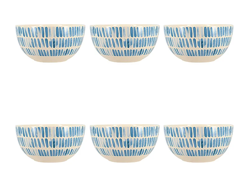 Novastyl - Lot 6 Bols Corfu 58cl En Gres Blanc Avec Des Rayures Bleues