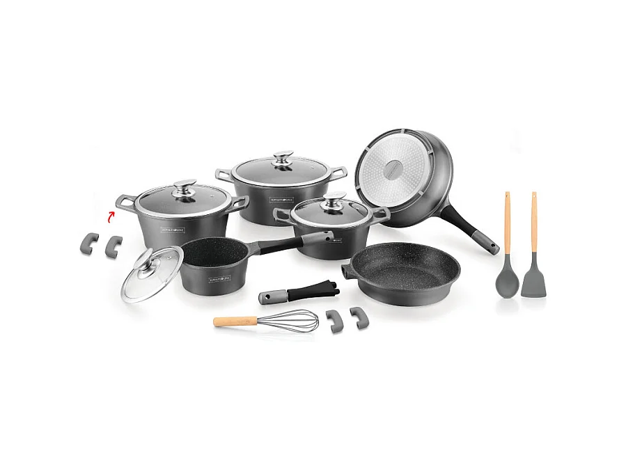 Batterie de cuisson complète effet marbre - 17 pièces - Tous feux - Gris
