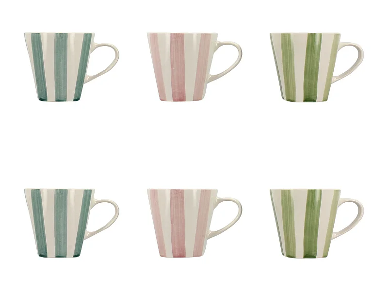 Novastyl - Lot6 Tasse Arlequin 20cl En Gres Blanc Rayures Couleurs Assorties