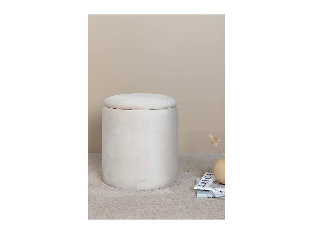 Puf Limpen Ø32cm velour con almacenaje blanco.