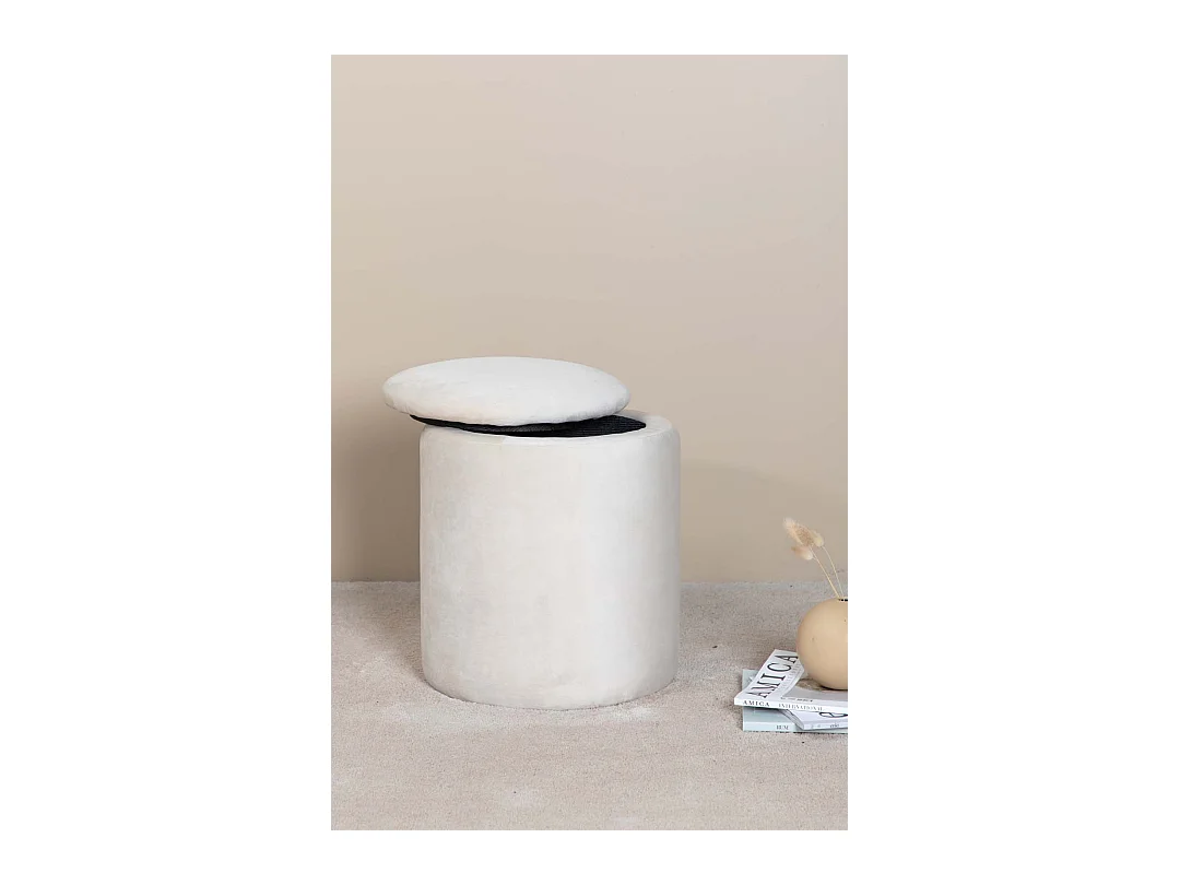 Puf Limpen Ø32cm velour con almacenaje blanco.