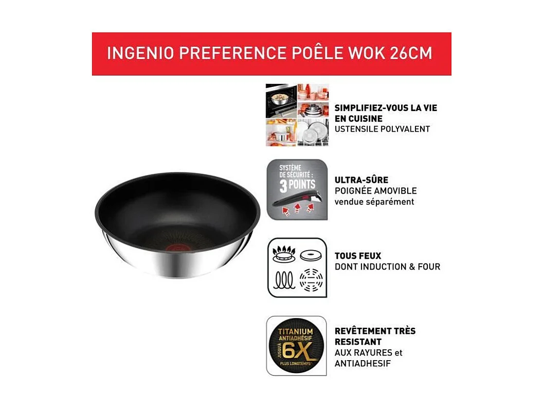 TEFAL INGENIO Preference Poele wok 26 cm, Induction, Antiadhésif, Empilable, Compatible lave-vaisselle, Fabriqué en France L97