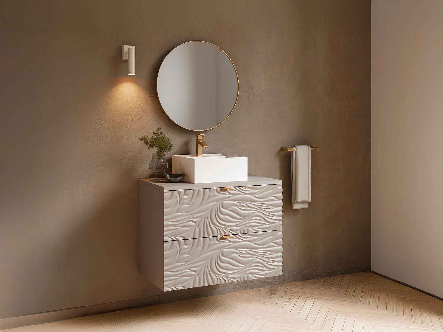 Meuble sous vasque suspendu texturé avec planche - Beige - 80 cm - RINAREL