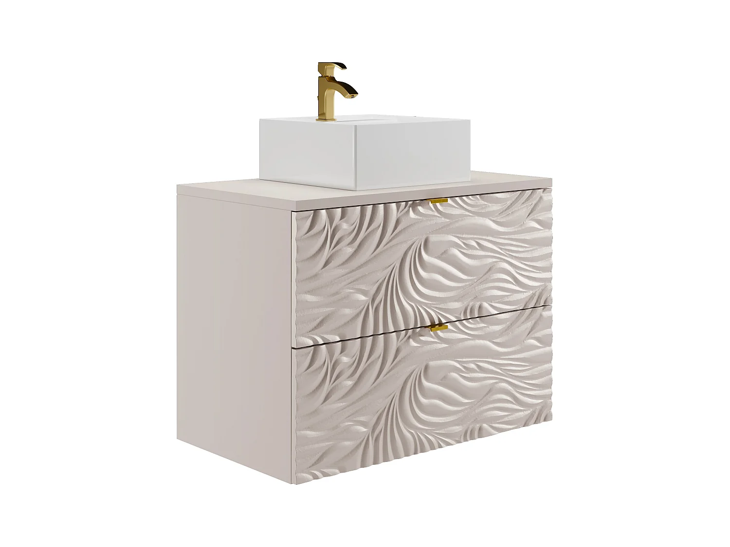 Vegghengt teksturert baderomsmøbel med kvadratisk servant - Beige - 80 cm - RINAREL