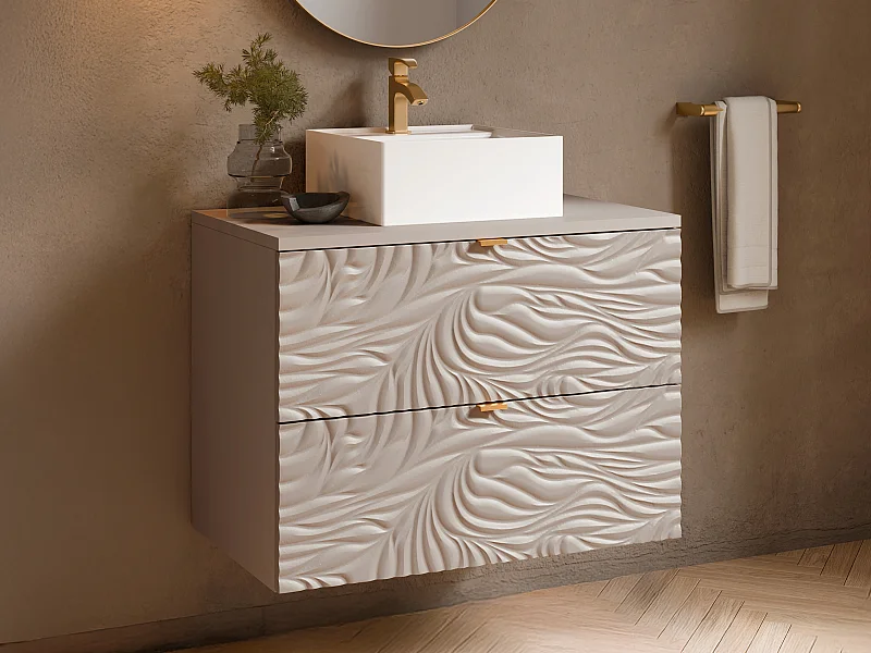 Vegghengt teksturert baderomsmøbel med kvadratisk servant - Beige - 80 cm - RINAREL