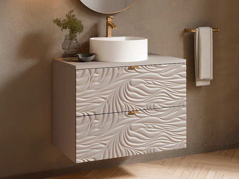 Mobile bagno sospeso texturizzato con lavabo d'appoggio rotondo - Beige - 80 cm - RINAREL