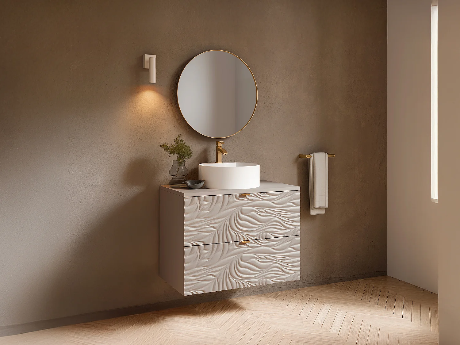 Meuble de salle de bain suspendu texturé avec vasque à poser ronde - Beige - 80 cm - RINAREL