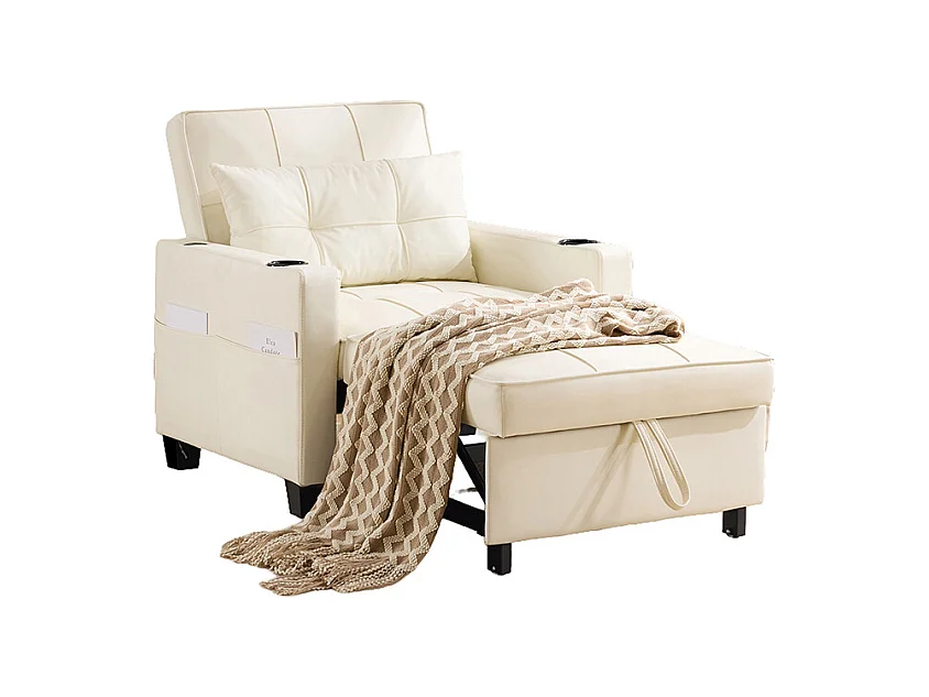Fauteuil convertible 3 en 1 avec porte-gobelets port USB chaise longue parfait petites pièces blanc
