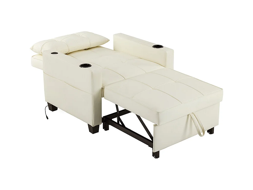 Fauteuil convertible 3 en 1 avec porte-gobelets port USB chaise longue parfait petites pièces blanc