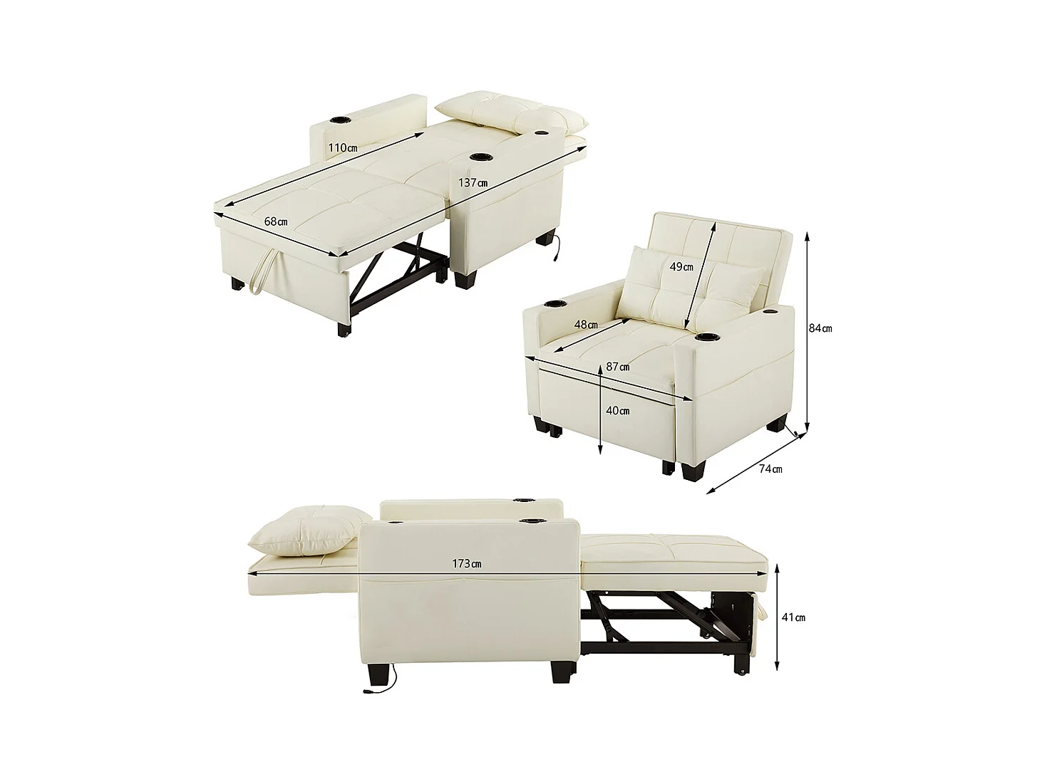 Fauteuil convertible 3 en 1 avec porte-gobelets port USB chaise longue parfait petites pièces blanc