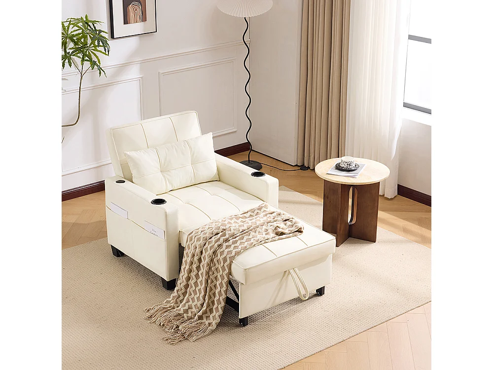 Fauteuil convertible 3 en 1 avec porte-gobelets port USB chaise longue parfait petites pièces blanc