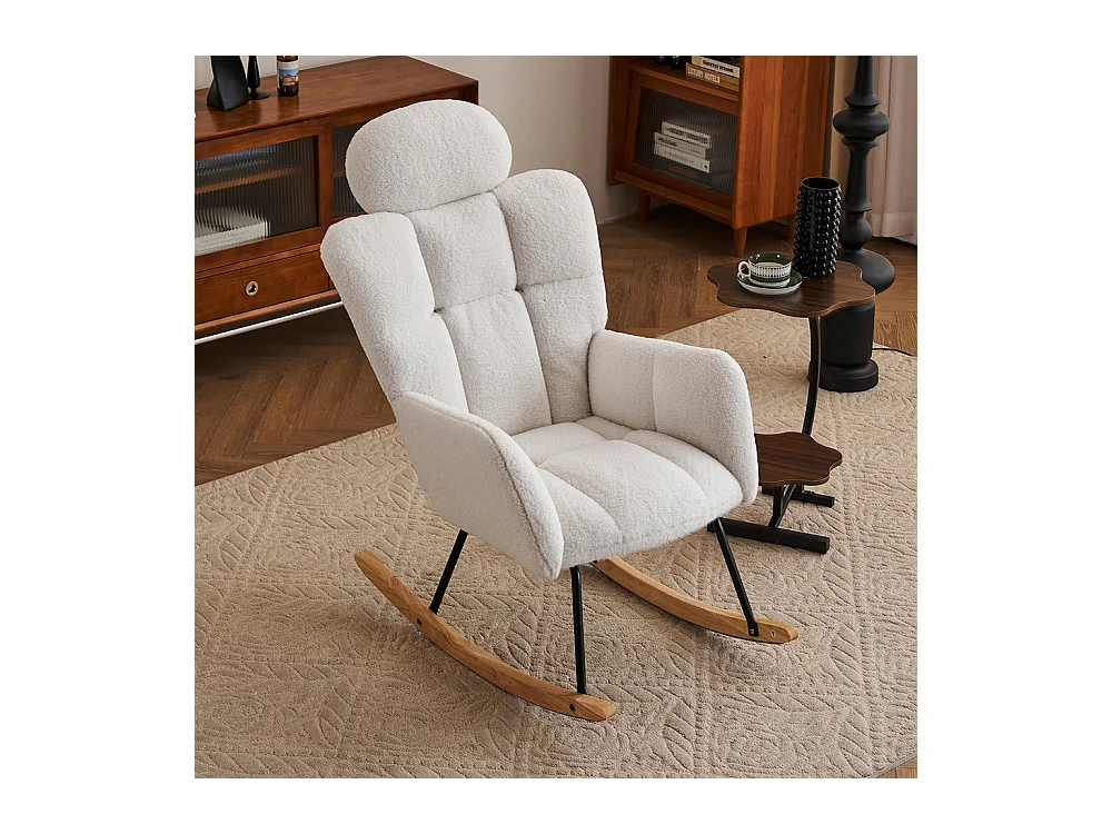 Fauteuil à bascule tissu Teddy doux tufté assise rembourrée salon chambre blanc