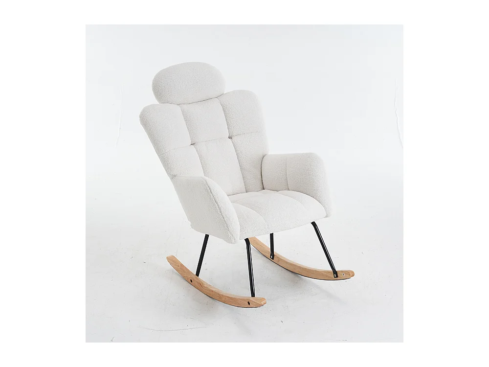 Fauteuil à bascule tissu Teddy doux tufté assise rembourrée salon chambre blanc