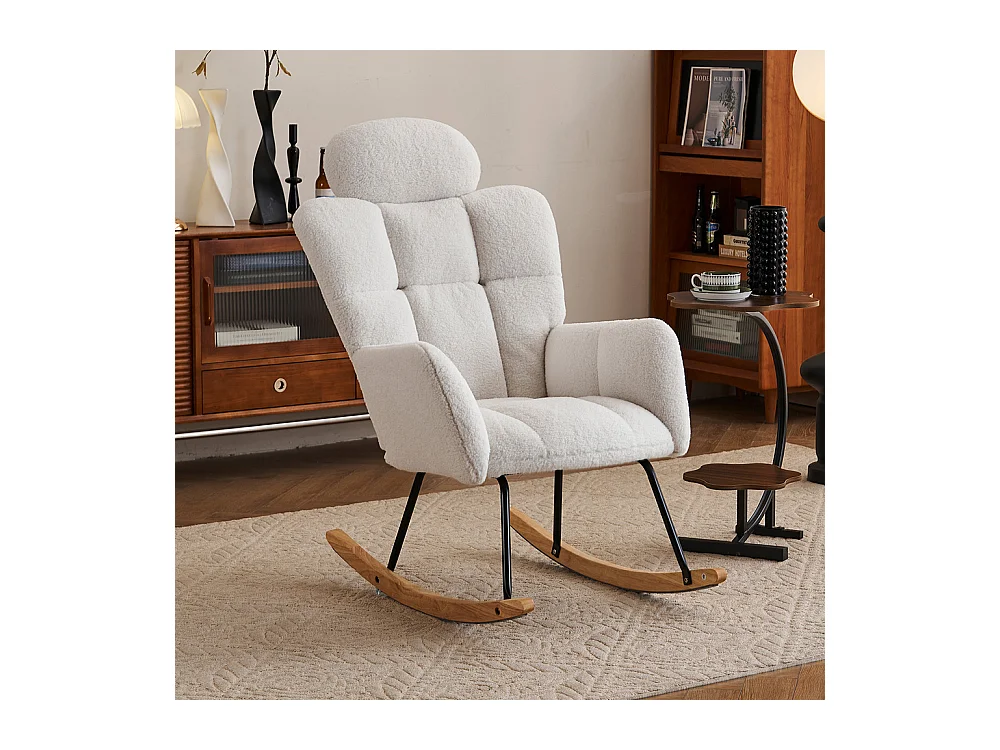 Fauteuil à bascule tissu Teddy doux tufté assise rembourrée salon chambre blanc