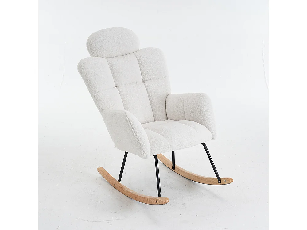 Fauteuil à bascule tissu Teddy doux tufté assise rembourrée salon chambre blanc