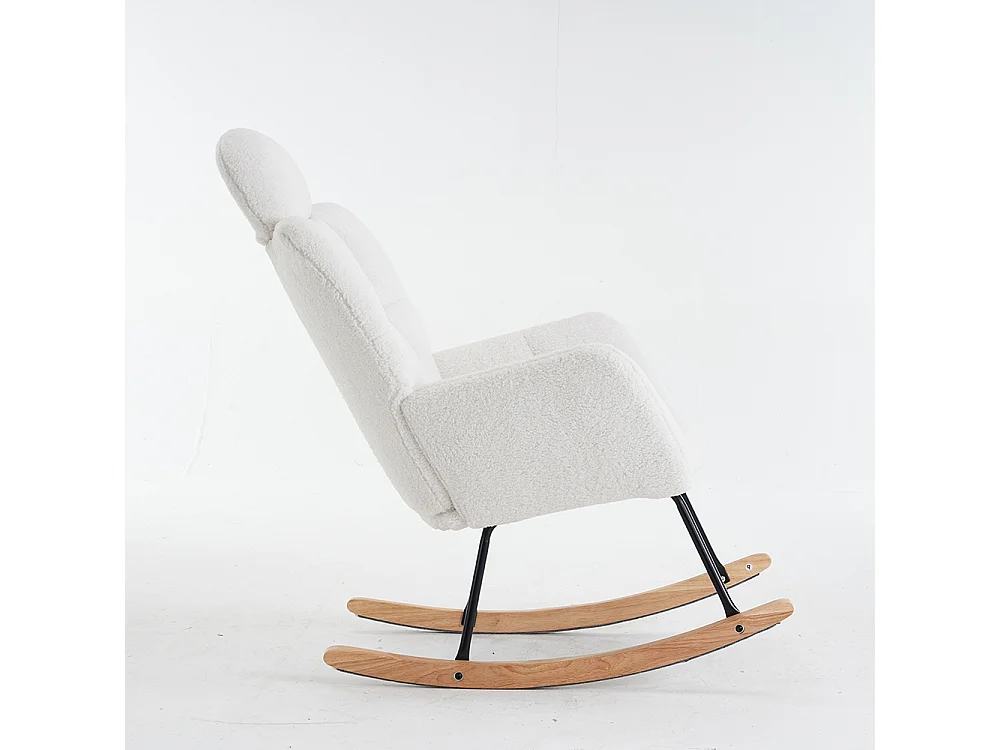 Fauteuil à bascule tissu Teddy doux tufté assise rembourrée salon chambre blanc