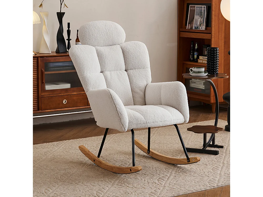 Fauteuil à bascule tissu Teddy doux tufté assise rembourrée salon chambre blanc