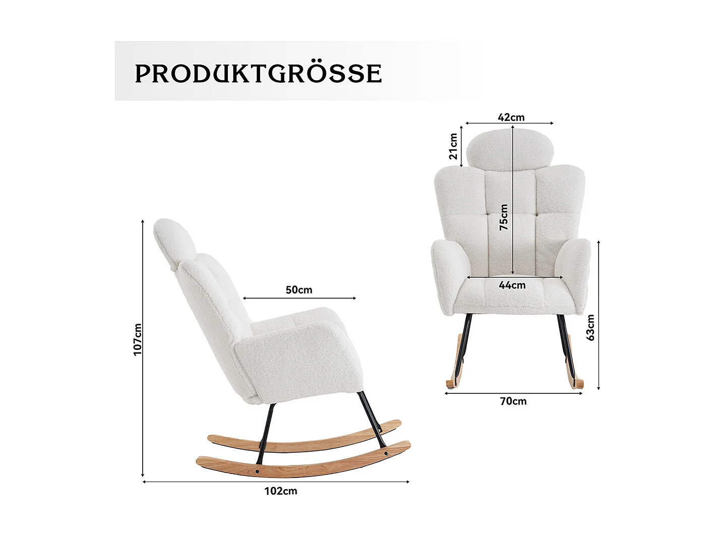 Fauteuil à bascule tissu Teddy doux tufté assise rembourrée salon chambre blanc