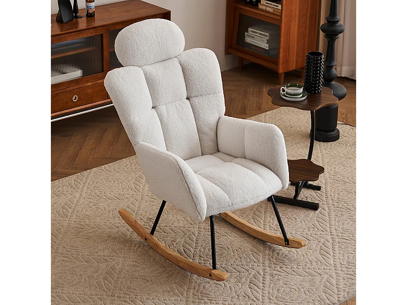 Fauteuil à bascule tissu Teddy doux tufté assise rembourrée salon chambre blanc