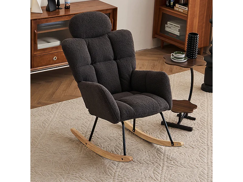 Fauteuil à bascule tissu Teddy doux tufté assise rembourrée salon chambre gris foncé