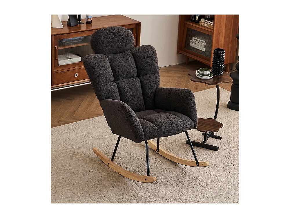 Fauteuil à bascule tissu Teddy doux tufté assise rembourrée salon chambre gris foncé