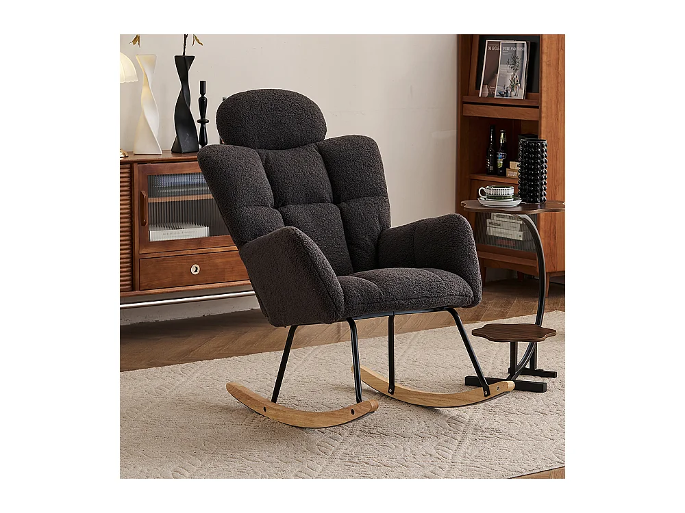 Fauteuil à bascule tissu Teddy doux tufté assise rembourrée salon chambre gris foncé