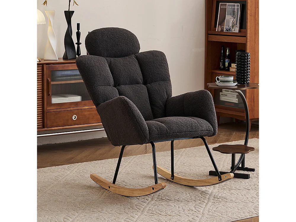 Fauteuil à bascule tissu Teddy doux tufté assise rembourrée salon chambre gris foncé