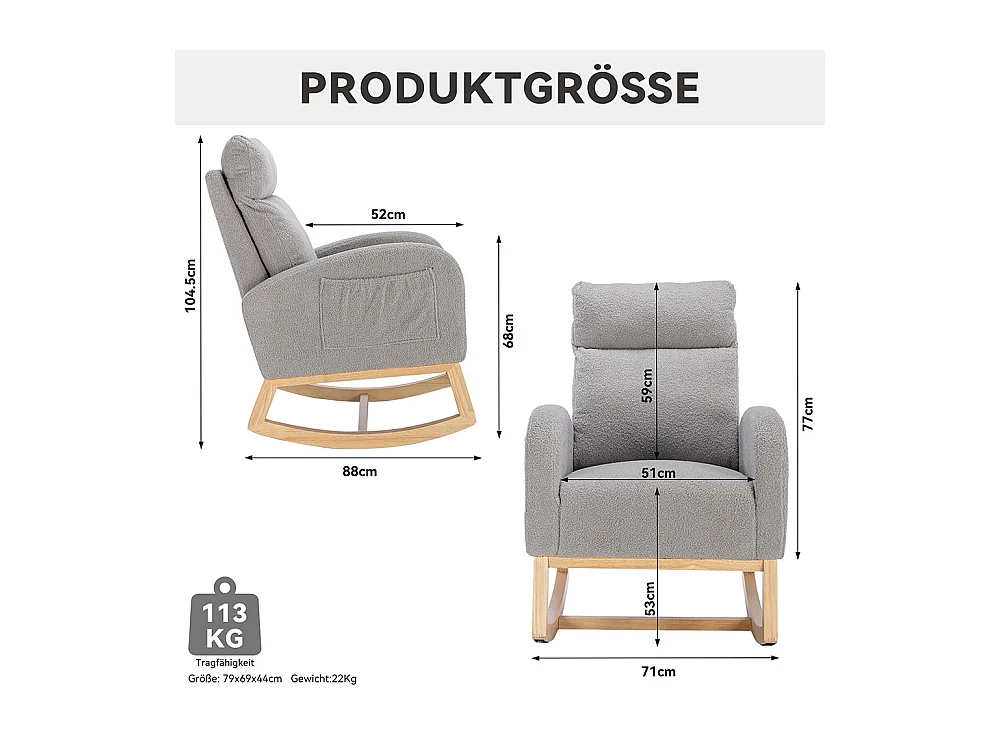 Fauteuil à bascule Mid Century Modern tissu Teddy rembourré assise rembourrée salon chambre gris clair
