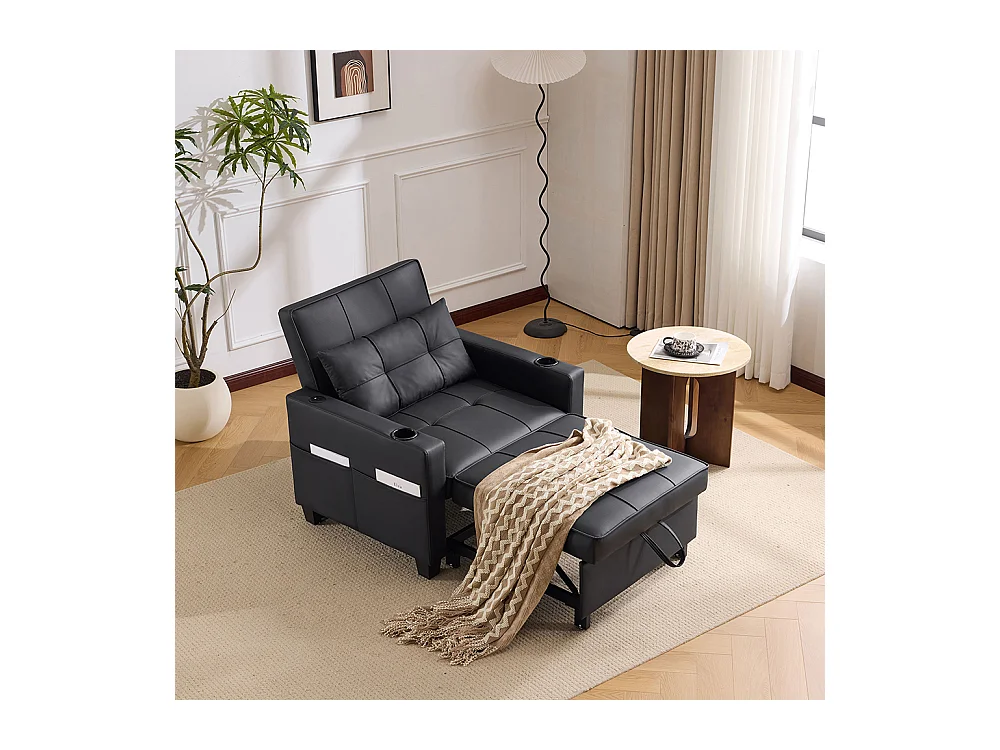 Fauteuil convertible 3 en 1 avec porte-gobelets port USB chaise longue parfait petites pièces noir