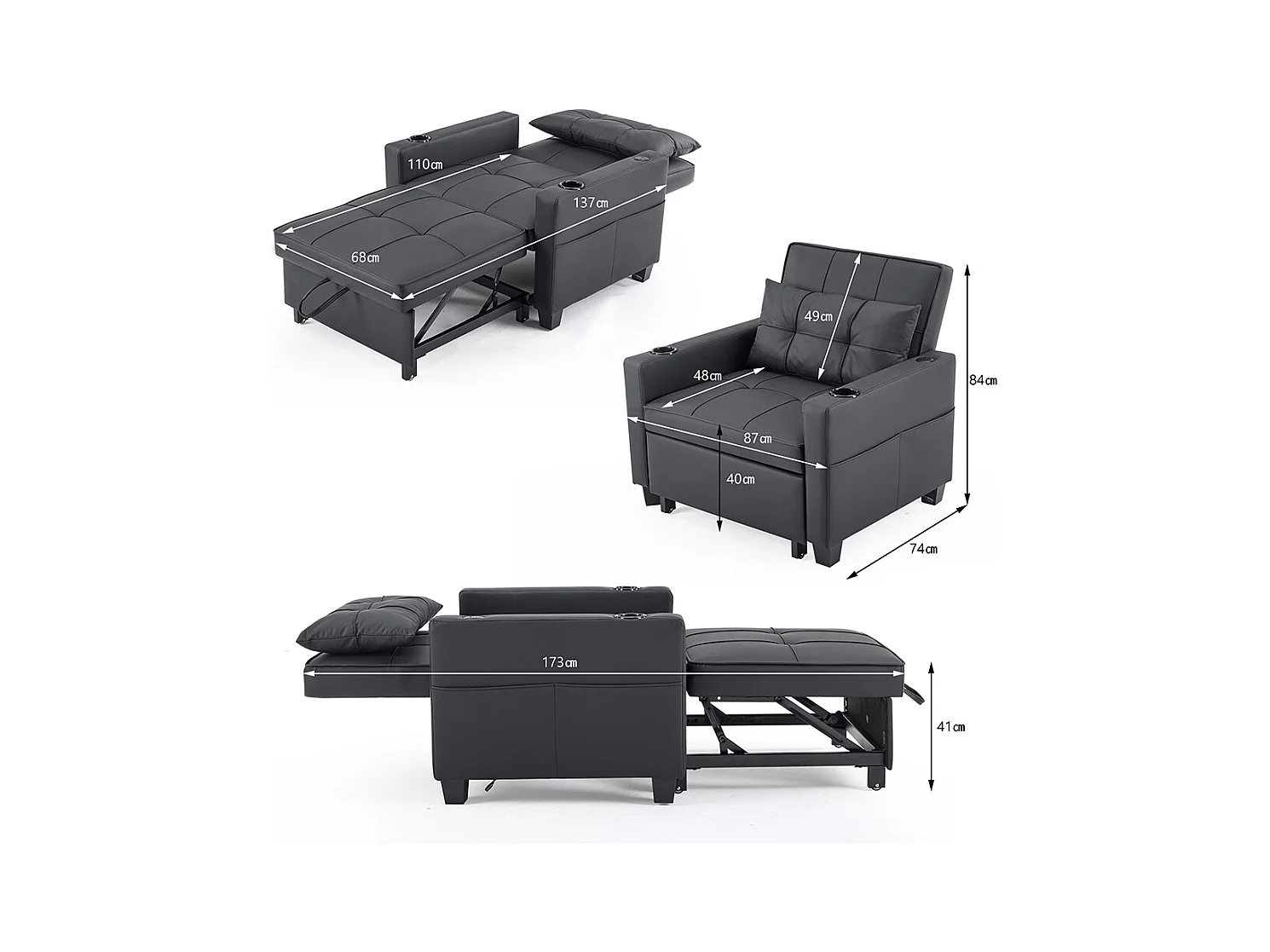 Fauteuil convertible 3 en 1 avec porte-gobelets port USB chaise longue parfait petites pièces noir