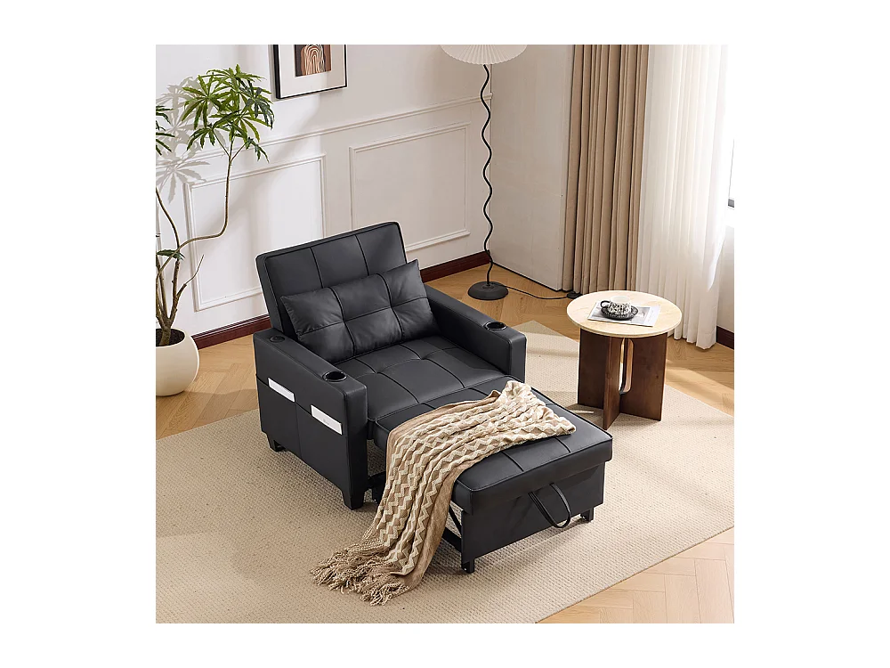 Fauteuil convertible 3 en 1 avec porte-gobelets port USB chaise longue parfait petites pièces noir