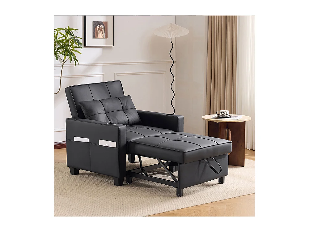 Fauteuil convertible 3 en 1 avec porte-gobelets port USB chaise longue parfait petites pièces noir