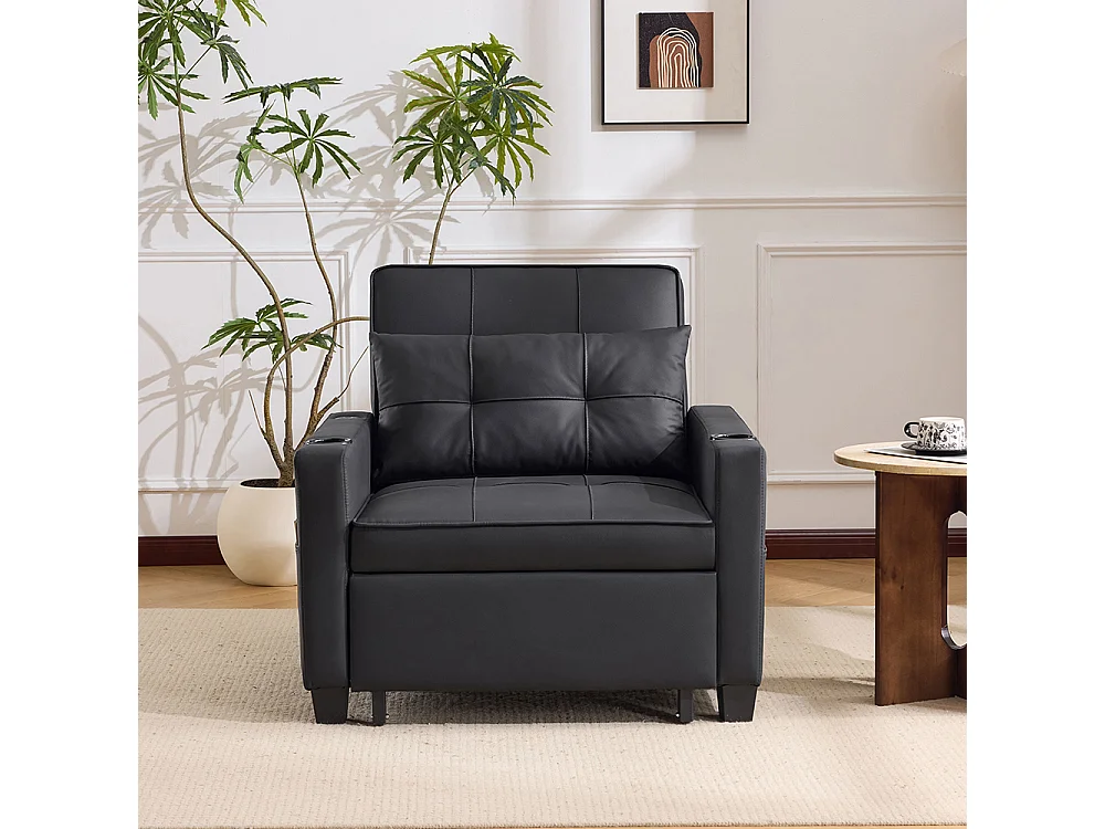 Fauteuil convertible 3 en 1 avec porte-gobelets port USB chaise longue parfait petites pièces noir