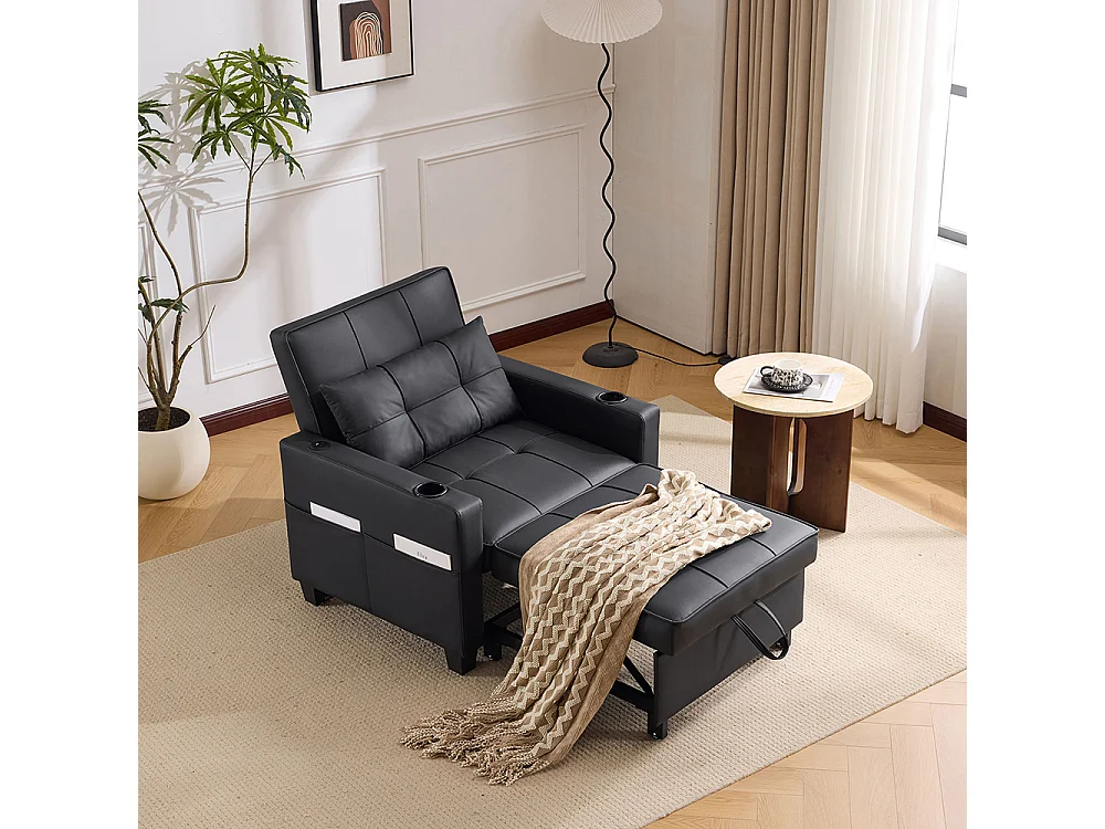 Fauteuil convertible 3 en 1 avec porte-gobelets port USB chaise longue parfait petites pièces noir