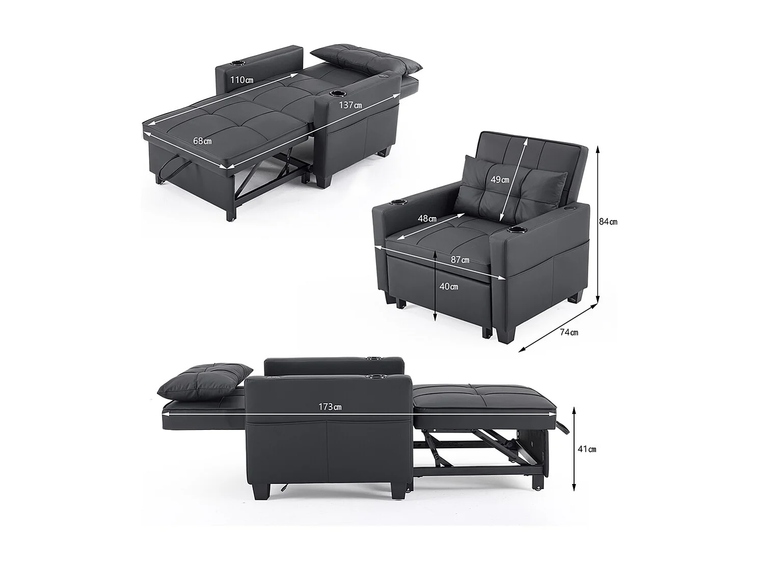 Fauteuil convertible 3 en 1 avec porte-gobelets port USB chaise longue parfait petites pièces noir