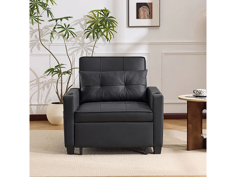 Fauteuil convertible 3 en 1 avec porte-gobelets port USB chaise longue parfait petites pièces noir