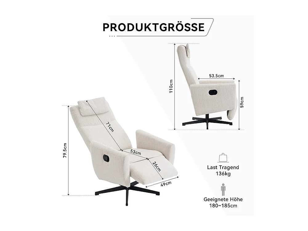 Fauteuil relax inclinable TV chenille repose-pieds pivotant salon moderne beige