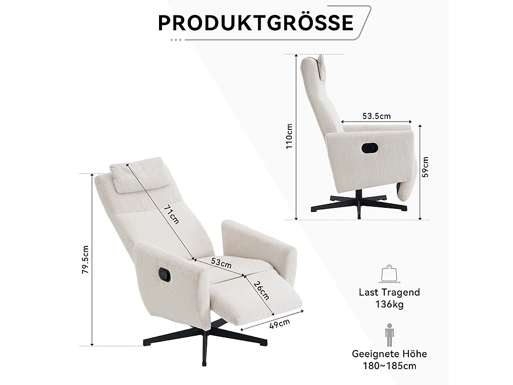 Fauteuil relax inclinable TV chenille repose-pieds pivotant salon moderne beige