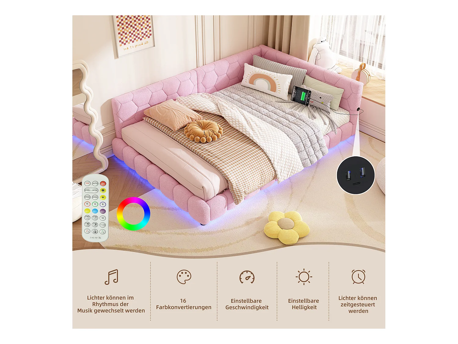 Dormeuse illuminato 140x200 cm velluto sintetico rosa con LED 16 colori, USB e Type-C