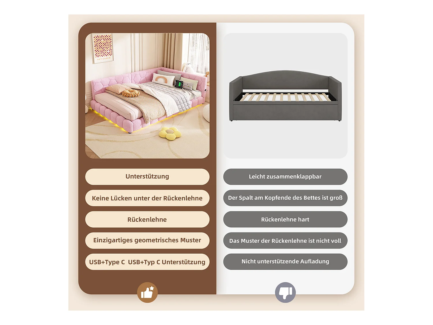 Dormeuse illuminato 140x200 cm velluto sintetico rosa con LED 16 colori, USB e Type-C