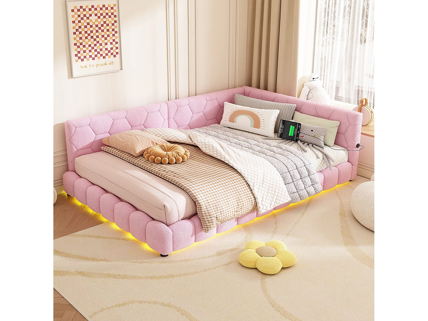 Dormeuse illuminato 140x200 cm velluto sintetico rosa con LED 16 colori, USB e Type-C