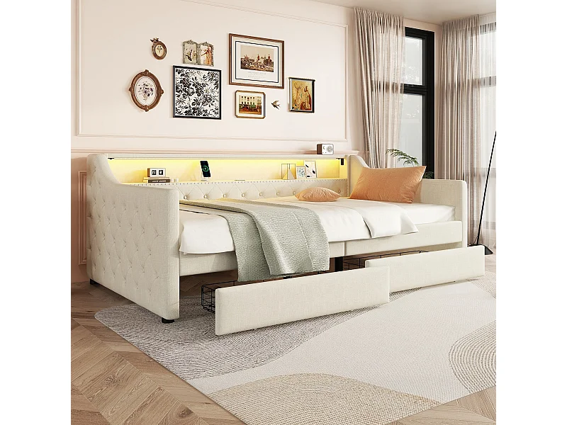 Sofá cama de lino de 90x200 cm con LED con mando a distancia, cajones y puerto USB, beige