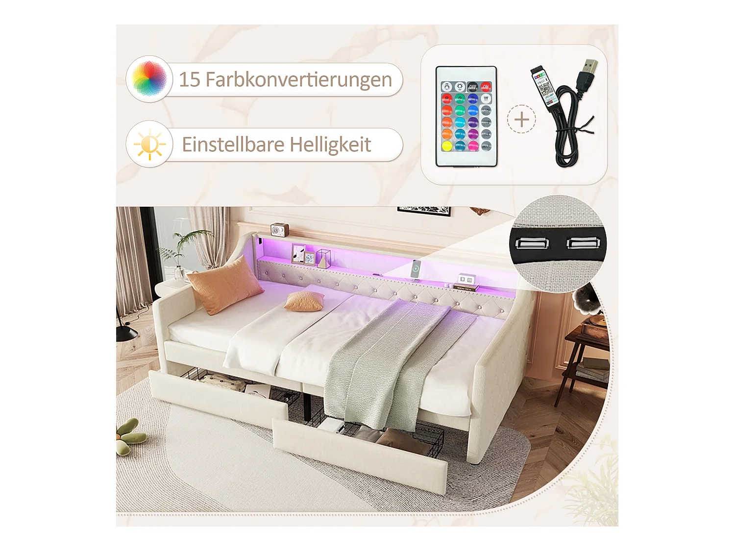 Sofá cama de lino de 90x200 cm con LED con mando a distancia, cajones y puerto USB, beige