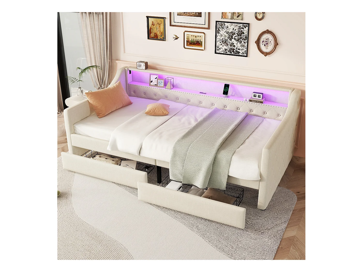 Sofá cama de lino de 90x200 cm con LED con mando a distancia, cajones y puerto USB, beige