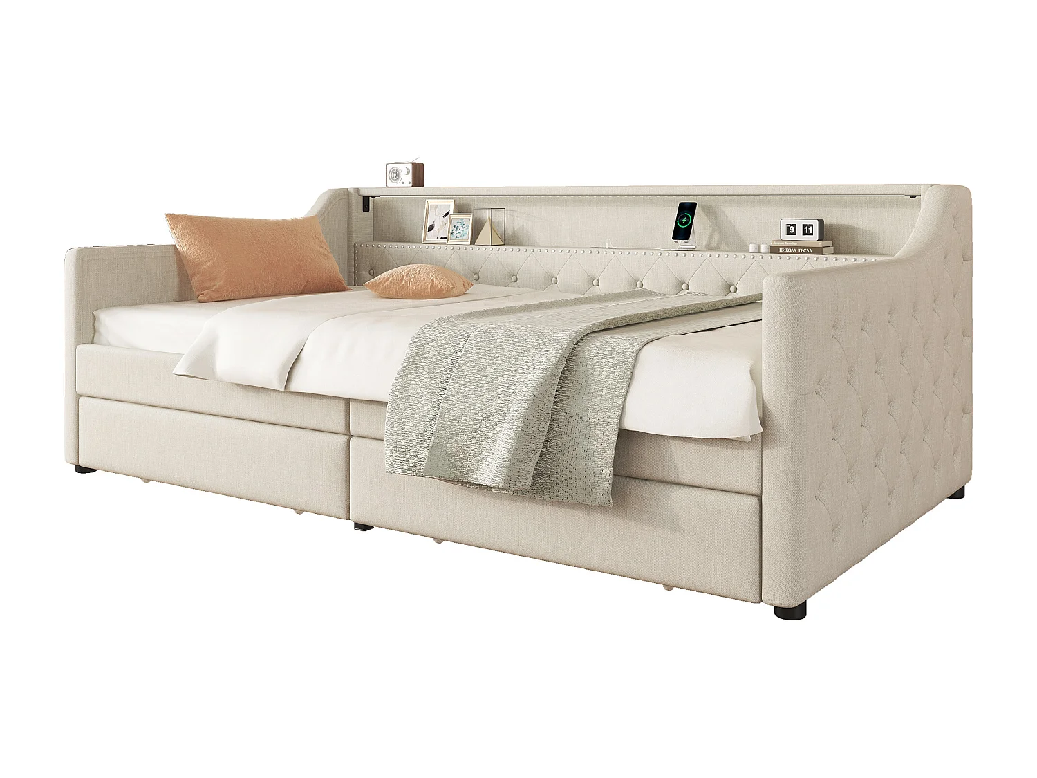 Sofá cama de lino de 90x200 cm con LED con mando a distancia, cajones y puerto USB, beige