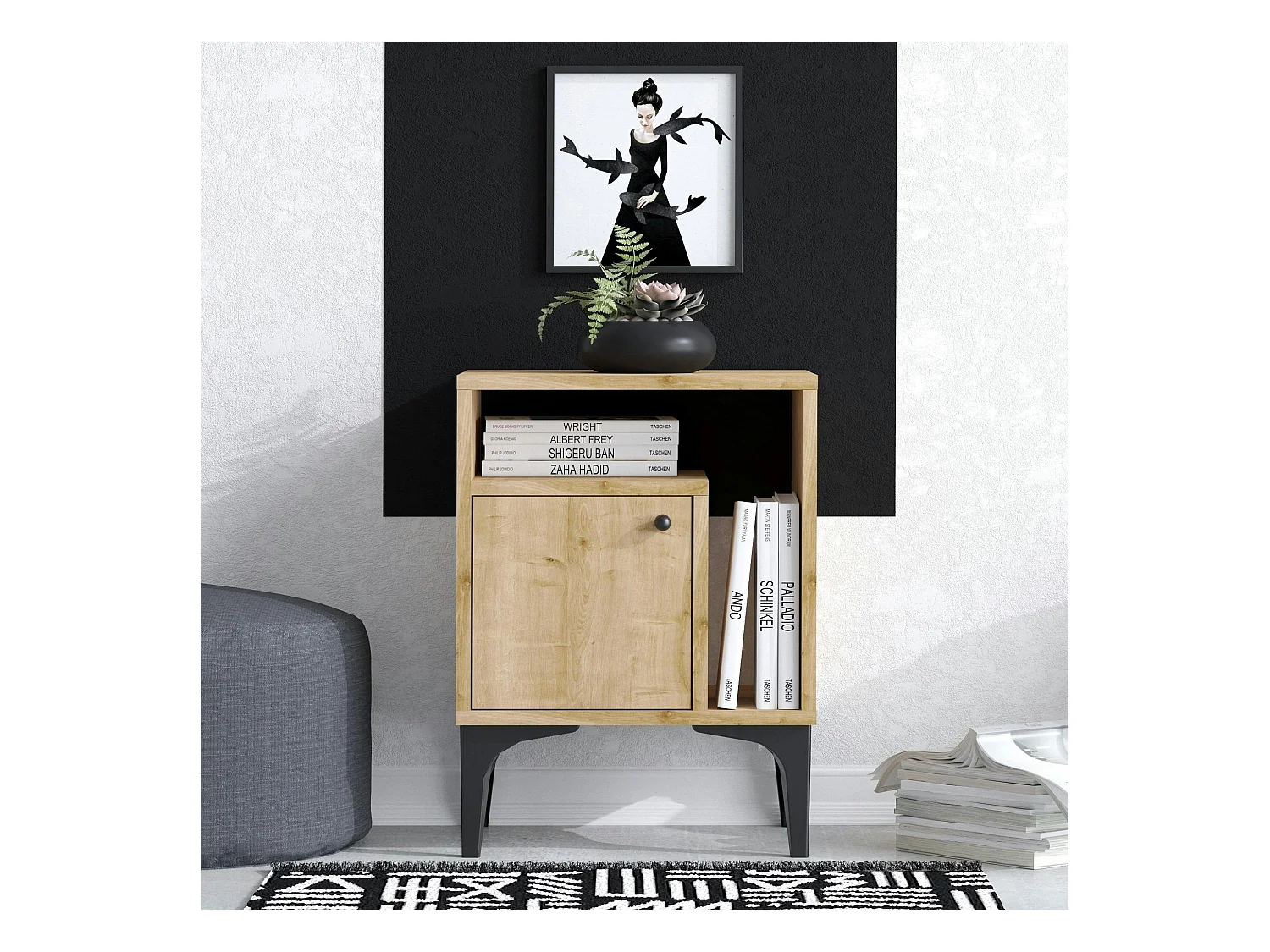 Table de nuit avec rangement effet chêne - 1 porte 1 niche JENA